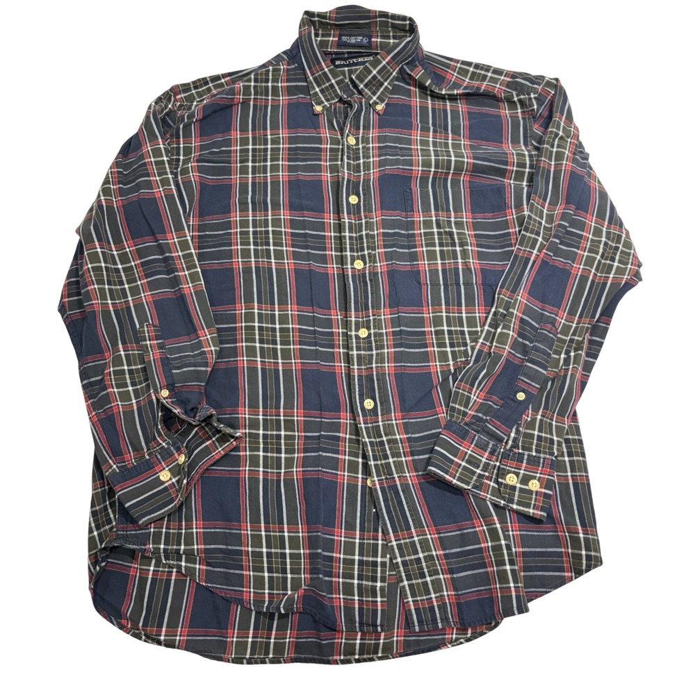 Britches Mens Large Plaid Button Down Shirt Navy Blue Red  Long Sleeve‎